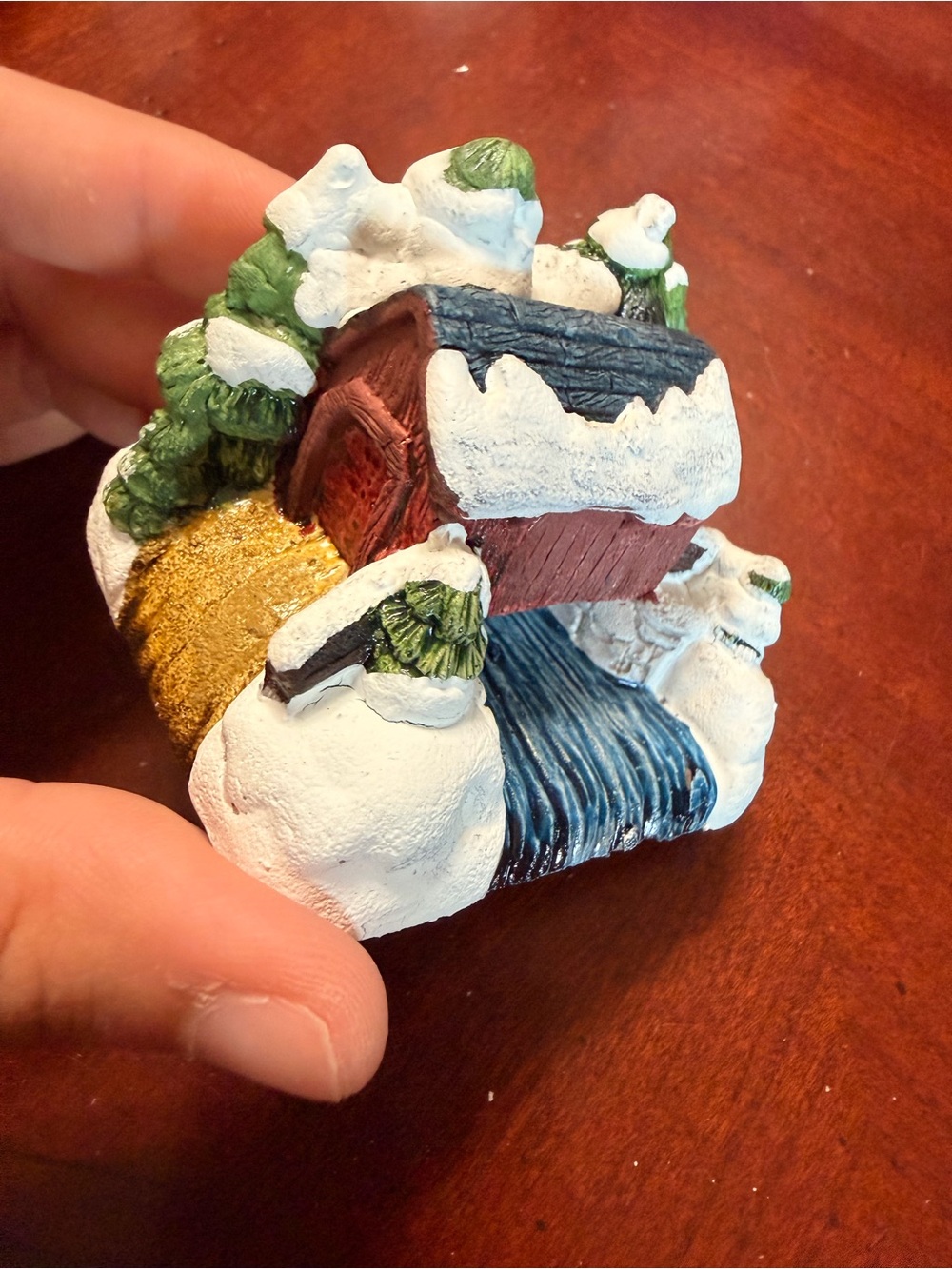 Hand-Painted Red Covered Bridge Winter Sculpture - Unbranded